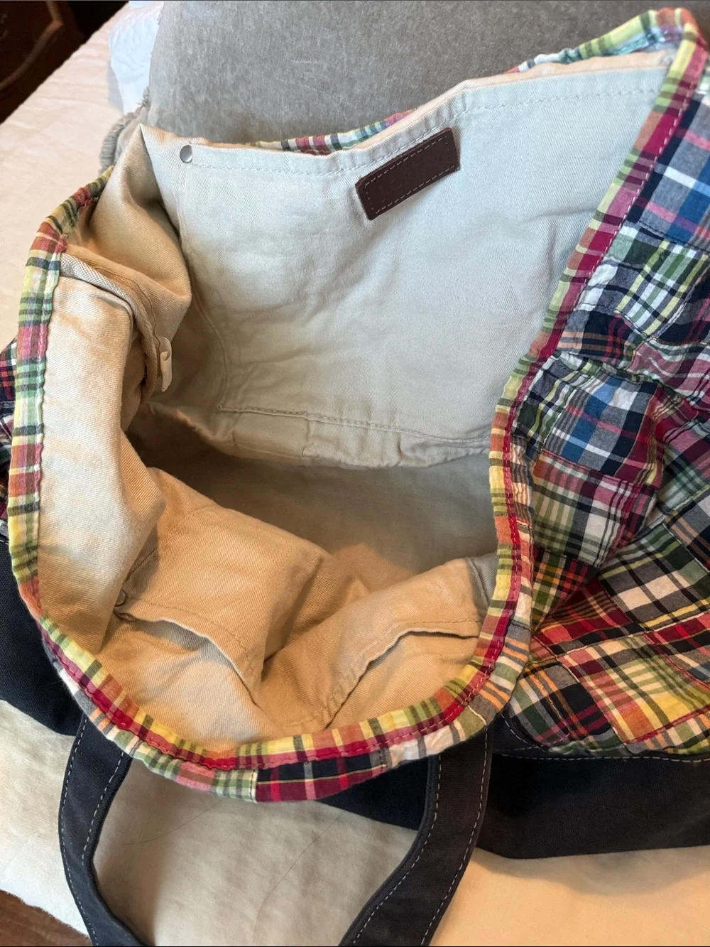 J. Crew Vintage Madras Tote with Navy Canvas Base